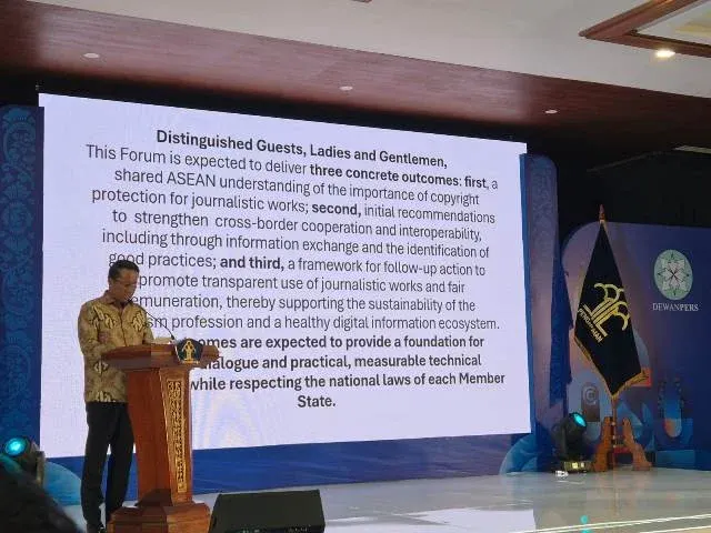Menteri Hukum Supratman Andi Agtas di ASEAN Forum on the Protection of Journalistic Works in the Copyright Regime in the Digital Era di The Patra Hotel, Bali, Sabtu (10/10/2026).